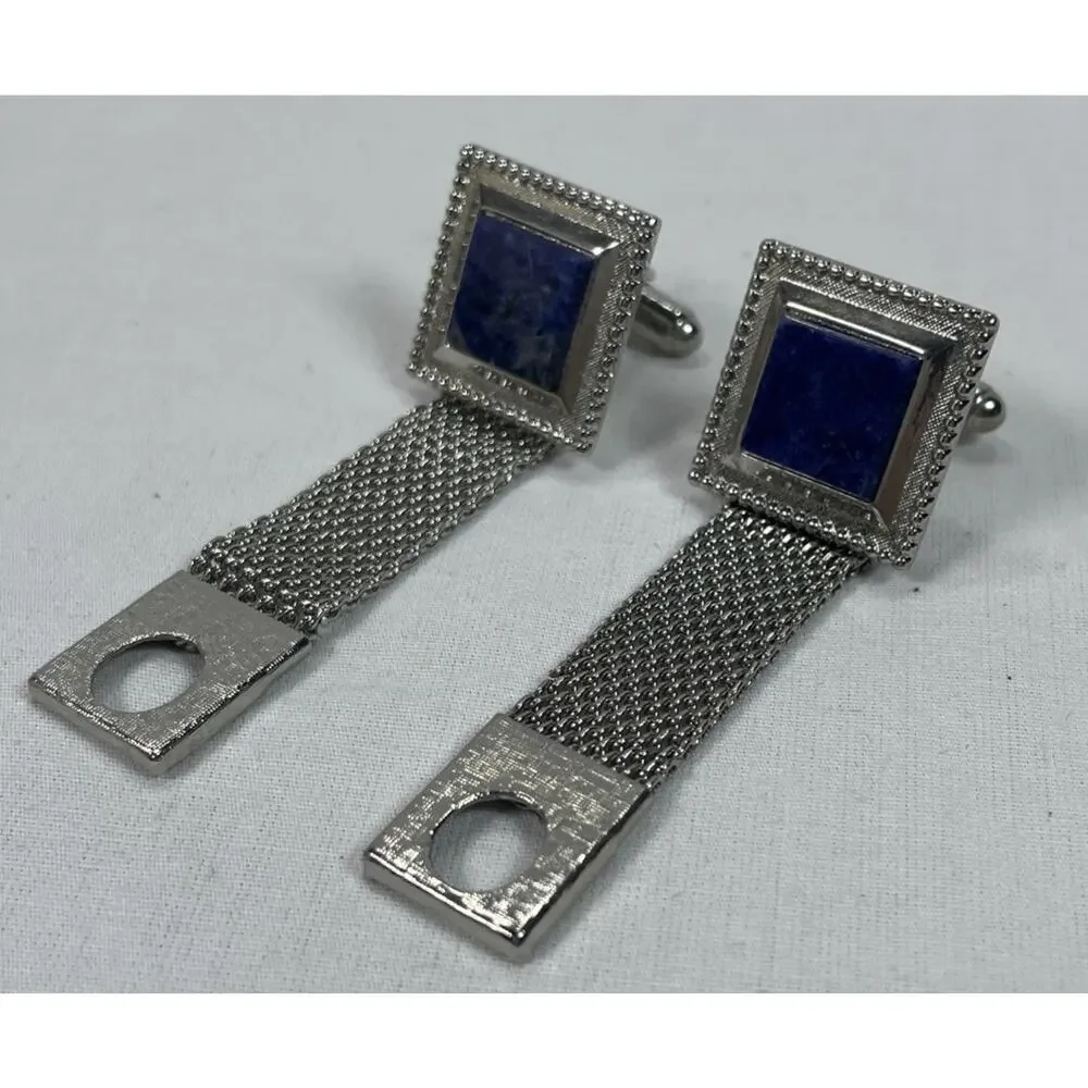 Vintage BLUE SODALITE Silver Wrap-Around Square Cufflinks, With Bonus Tie Bar!